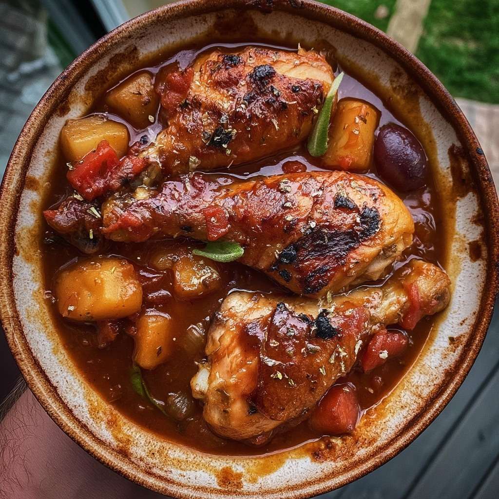 Pilons de poulet à la bière mijotés dans une cocotte avec pommes de terre, tomates, poivron rouge, olives noires et sauce parfumée.