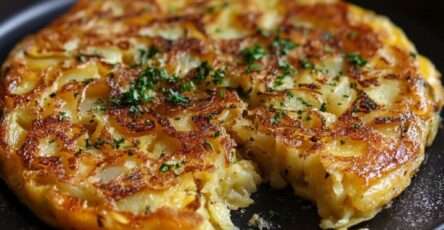 Omelette espagnole tortilla de patatas dorée et épaisse, coupée en parts, avec pommes de terre fondantes, œufs moelleux et salade verte.