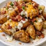 Pommes de terre rôties au cheddar fondu, bacon croustillant et sauce ranch avec ciboulette fraîche servies chaudes