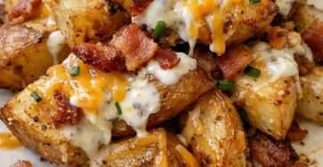 Pommes de terre rôties au cheddar fondu, bacon croustillant et sauce ranch avec ciboulette fraîche servies chaudes