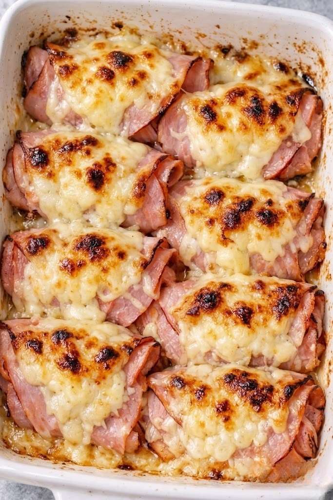 Roulés de jambon gratinés avec sauce crémeuse et fromage fondu doré servis dans un plat chaud familial