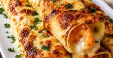 Cannelloni gratinés aux crevettes avec sauce crémeuse à l’ail et fromage fondu doré servis dans un plat chaud