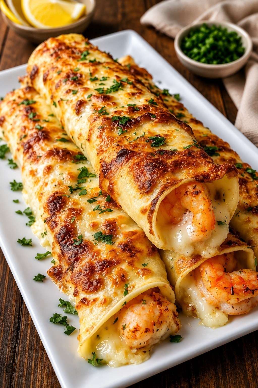 Cannelloni gratinés aux crevettes avec sauce crémeuse à l’ail et fromage fondu doré servis dans un plat chaud