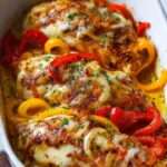 Poulet gratiné au fromage avec poivrons rouges et jaunes fondants dans une sauce crémeuse servi chaud au four