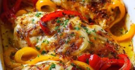 Poulet gratiné au fromage avec poivrons rouges et jaunes fondants dans une sauce crémeuse servi chaud au four