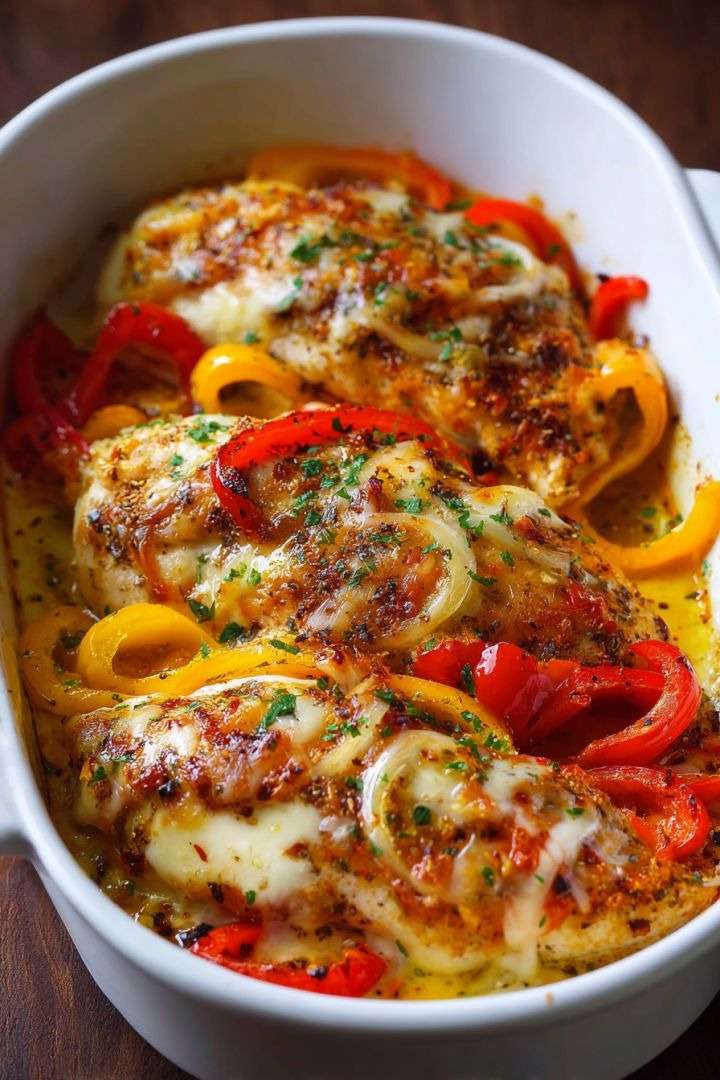 Poulet gratiné au fromage avec poivrons rouges et jaunes fondants dans une sauce crémeuse servi chaud au four