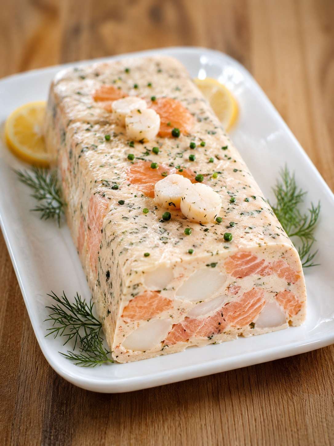 Terrine de saumon et noix de Saint-Jacques tranchée, servie froide avec sauce citronnée et herbes fraîches