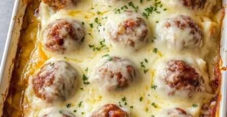 Gratin de purée avec boulettes de viande, crème et fromage fondu doré dans un plat familial chaud et gourmand