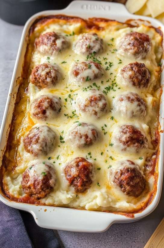 Gratin de purée avec boulettes de viande, crème et fromage fondu doré dans un plat familial chaud et gourmand