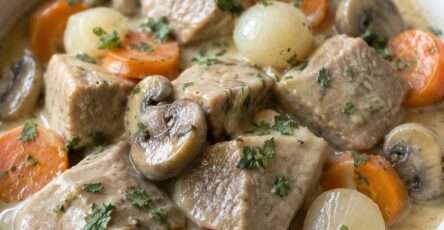 Blanquette de veau crémeuse avec carottes et champignons servie dans une assiette chaude accompagnée de riz