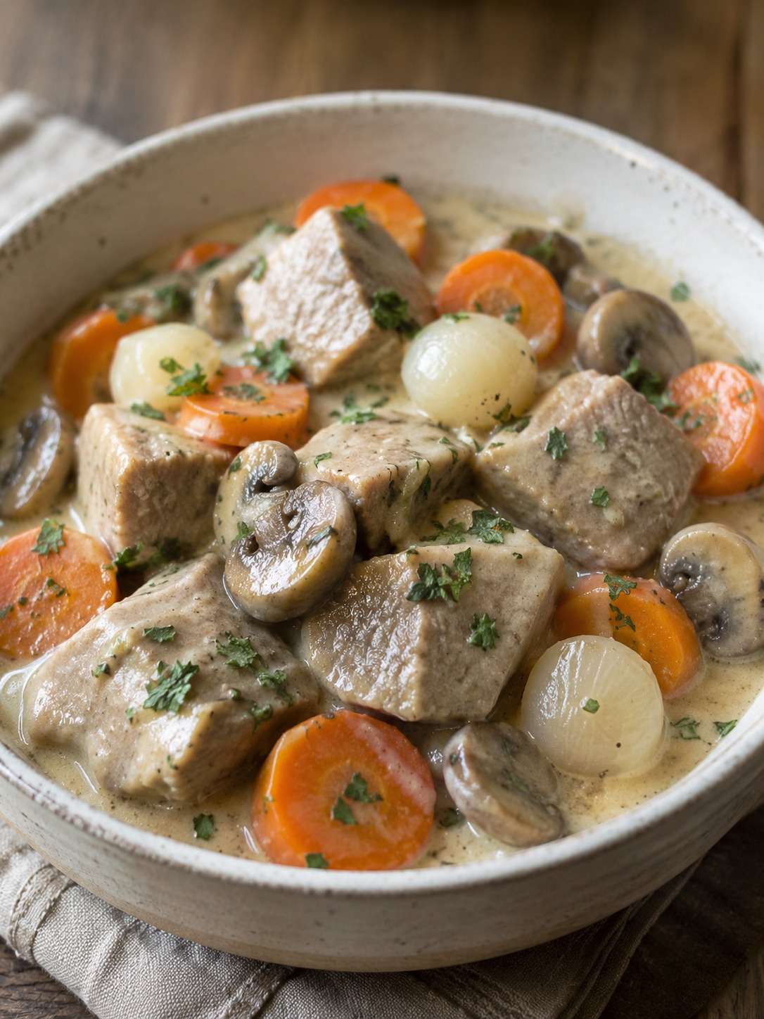 Blanquette de veau crémeuse avec carottes et champignons servie dans une assiette chaude accompagnée de riz