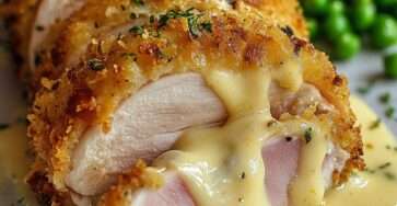 Cordon bleu de poulet doré et croustillant coupé en deux avec fromage fondu coulant et sauce crémeuse au fromage