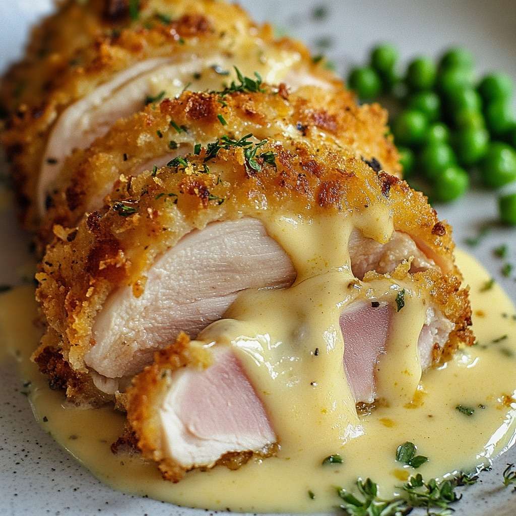 Cordon bleu de poulet doré et croustillant coupé en deux avec fromage fondu coulant et sauce crémeuse au fromage