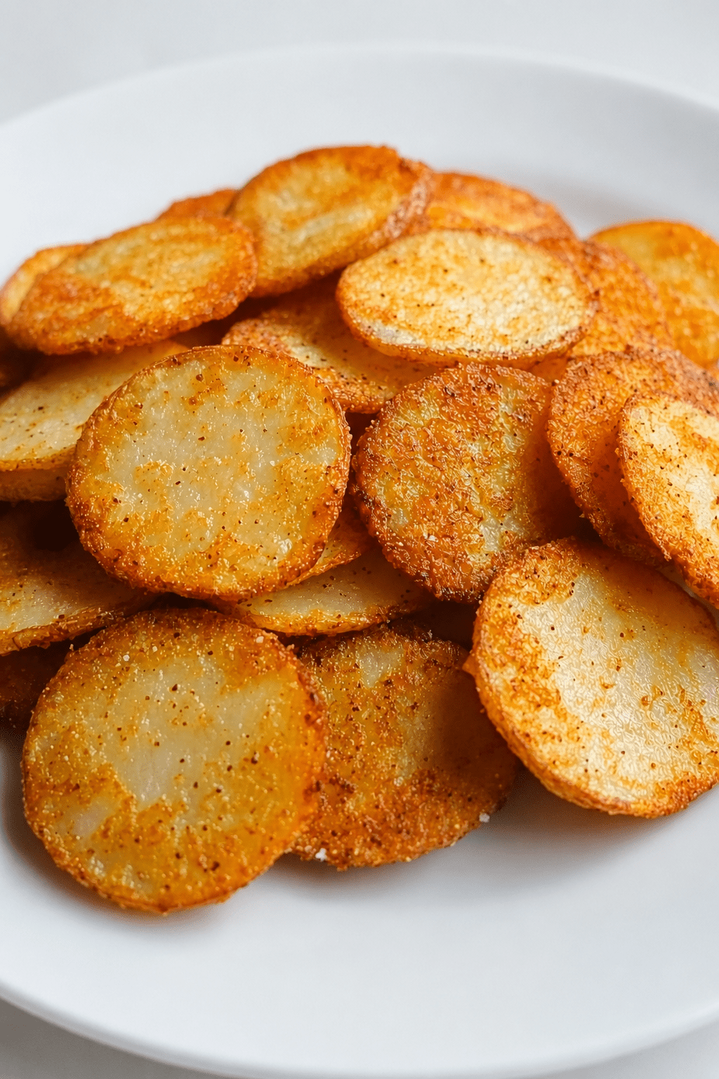 Chips sucrées de pomme de terre dorées et croustillantes, saupoudrées de cannelle et de sucre glace, servies dans un bol rustique.