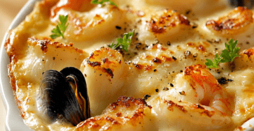 Gratin marin doré aux noix de Saint-Jacques, crevettes et moules, nappé d’une sauce crémeuse et gratiné au fromage dans un plat chaud.