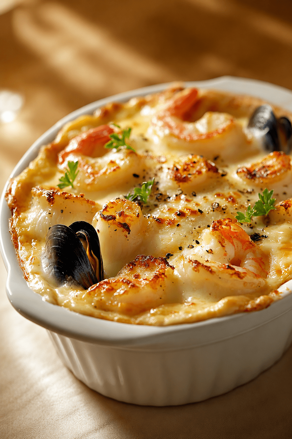 Gratin marin doré aux noix de Saint-Jacques, crevettes et moules, nappé d’une sauce crémeuse et gratiné au fromage dans un plat chaud.