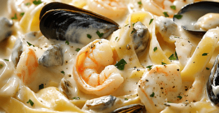 Assiette creuse de tagliatelles crémeuses aux fruits de mer avec crevettes roses, moules, palourdes, sauce à la crème, persil frais et citron.