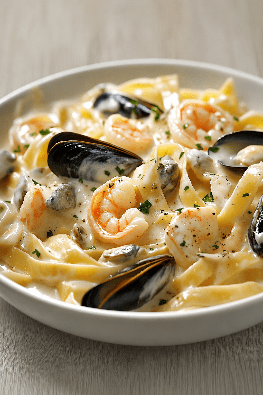 Assiette creuse de tagliatelles crémeuses aux fruits de mer avec crevettes roses, moules, palourdes, sauce à la crème, persil frais et citron.
