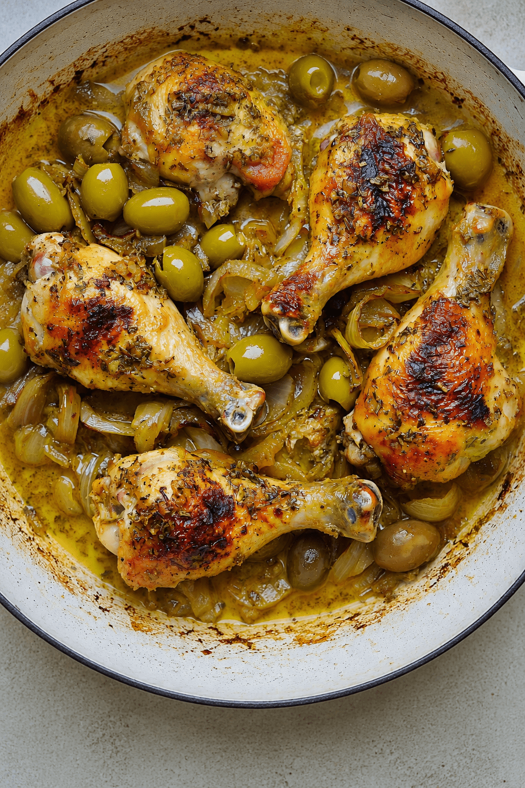 Pilons de poulet rôti bien dorés servis avec olives vertes, oignons confits, sauce parfumée aux herbes et jus de cuisson dans une cocotte.