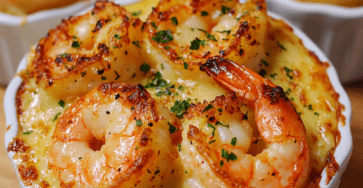 Gratins individuels de crevettes dorées au fromage, servis en ramequins avec une sauce crémeuse, une croûte gratinée et du persil frais.