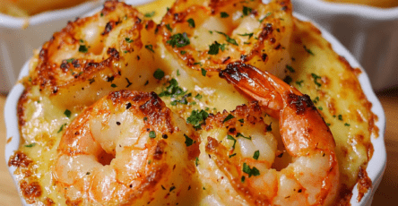 Gratins individuels de crevettes dorées au fromage, servis en ramequins avec une sauce crémeuse, une croûte gratinée et du persil frais.
