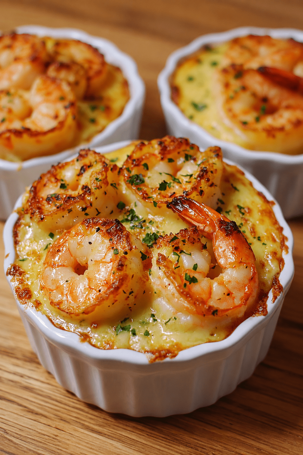 Gratins individuels de crevettes dorées au fromage, servis en ramequins avec une sauce crémeuse, une croûte gratinée et du persil frais.