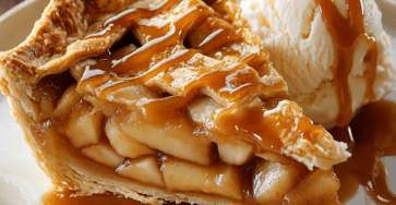 Tarte rustique dorée aux pommes, pommes de terre fondantes et caramel beurre salé, décorée d’un quadrillage de pâte croustillante et servie avec une boule de glace vanille.