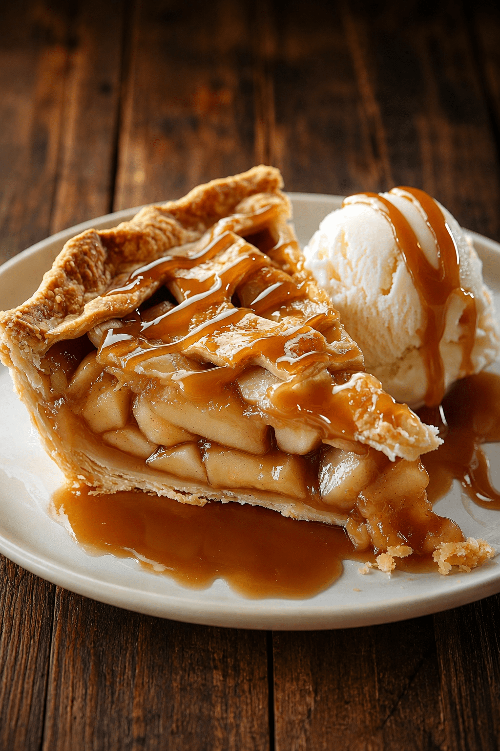 Tarte rustique dorée aux pommes, pommes de terre fondantes et caramel beurre salé, décorée d’un quadrillage de pâte croustillante et servie avec une boule de glace vanille.