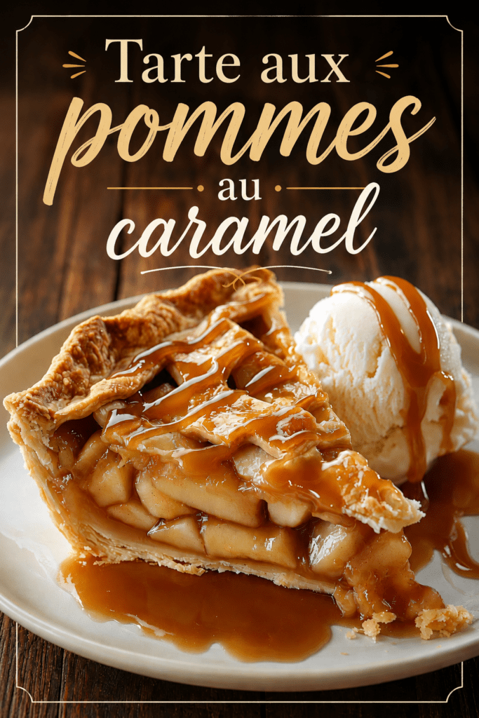 Tarte rustique dorée aux pommes, pommes de terre fondantes et caramel beurre salé, décorée d’un quadrillage de pâte croustillante et servie avec une boule de glace vanille.