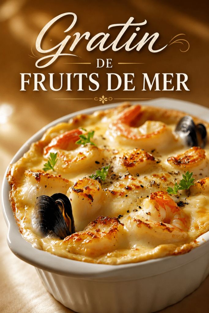 Gratin marin doré aux noix de Saint-Jacques, crevettes et moules, nappé d’une sauce crémeuse et gratiné au fromage dans un plat chaud.