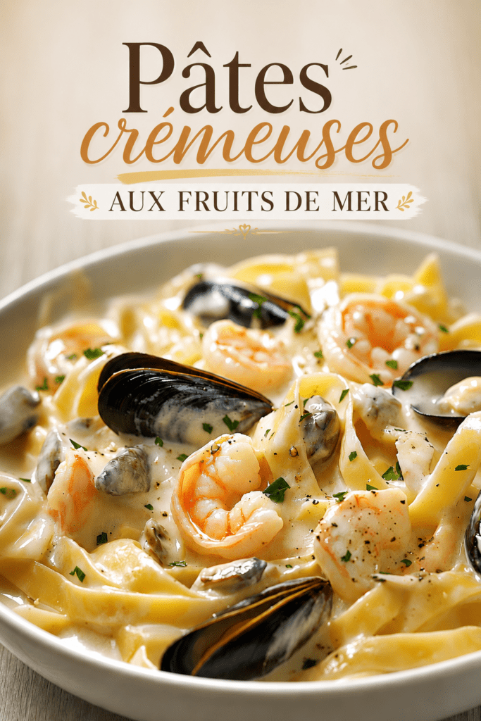 Assiette creuse de tagliatelles crémeuses aux fruits de mer avec crevettes roses, moules, palourdes, sauce à la crème, persil frais et citron.