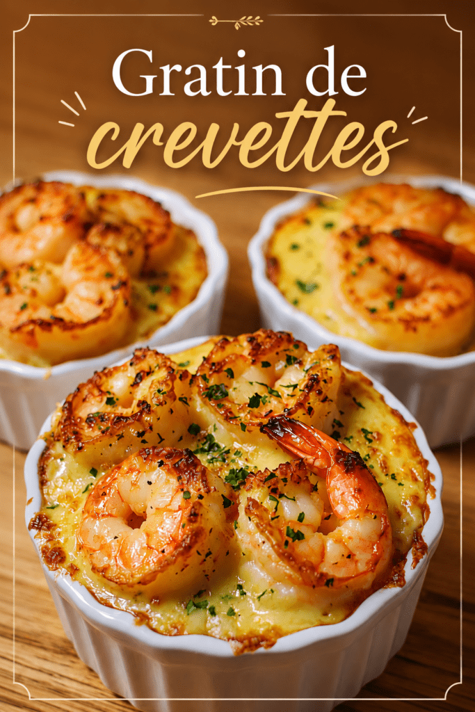 Gratins individuels de crevettes dorées au fromage, servis en ramequins avec une sauce crémeuse, une croûte gratinée et du persil frais.
