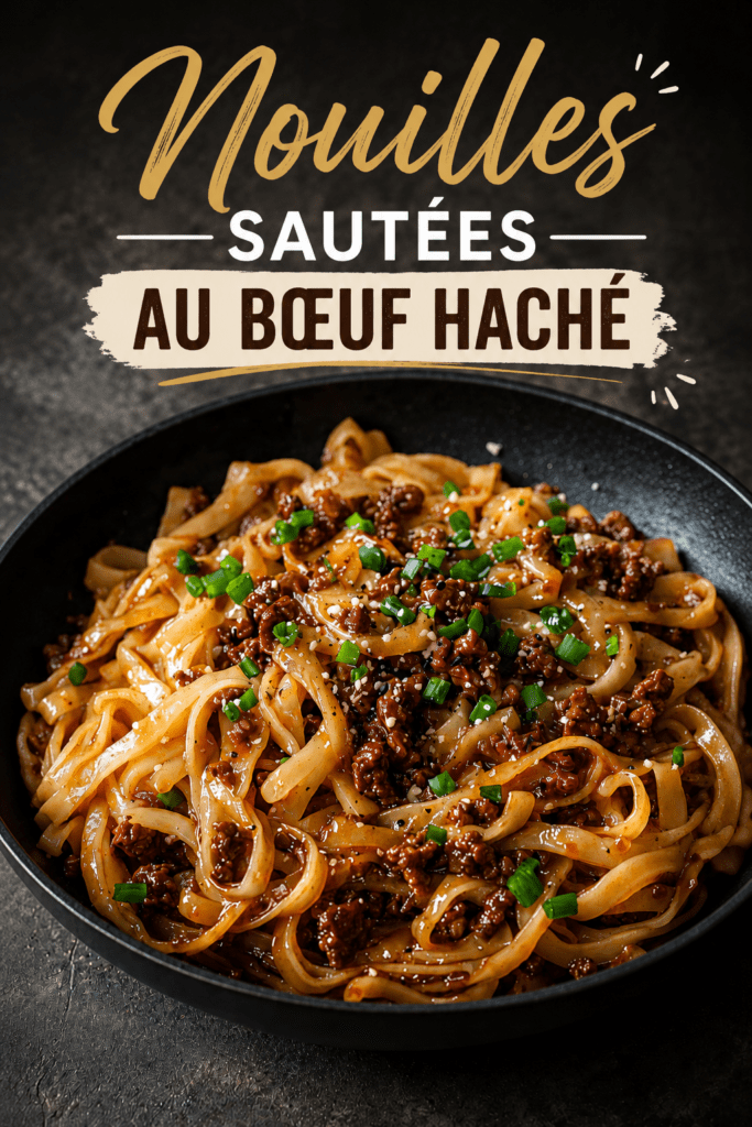 Assiette de nouilles épicées au bœuf et à l’ail, servies avec lamelles de bœuf sautées, piments rouges, poivron, oignons verts et sauce brillante.