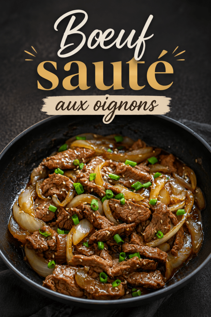 Sauté de bœuf et d’oignons à la chinoise servi avec une sauce brillante, des lamelles de bœuf tendres, des oignons fondants et du riz blanc.