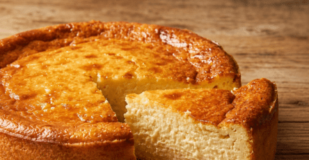 Gâteau au yaourt moelleux et doré, servi en parts sur une assiette, avec une texture légère et une surface légèrement croustillante.