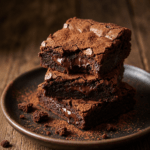 Brownies au cacao fondants coupés en carrés, avec une texture chocolatée dense, un cœur moelleux et une surface légèrement craquelée.
