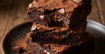 Brownies au cacao fondants coupés en carrés, avec une texture chocolatée dense, un cœur moelleux et une surface légèrement craquelée.