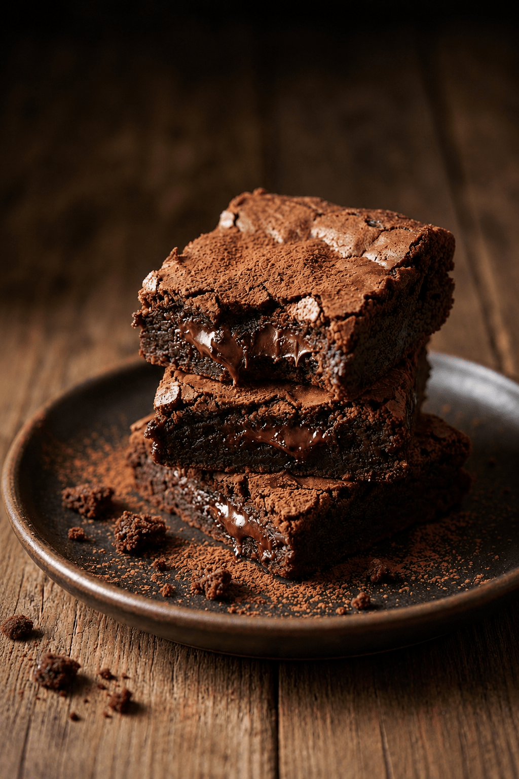 Brownies au cacao fondants coupés en carrés, avec une texture chocolatée dense, un cœur moelleux et une surface légèrement craquelée.