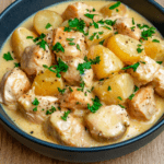 Poulet crémeux à la moutarde servi avec des pommes de terre fondantes, une sauce onctueuse à la crème et du persil frais haché.