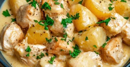 Poulet crémeux à la moutarde servi avec des pommes de terre fondantes, une sauce onctueuse à la crème et du persil frais haché.