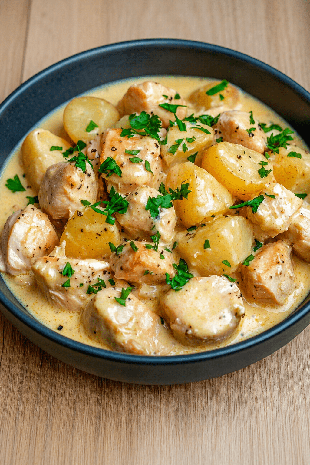 Poulet crémeux à la moutarde servi avec des pommes de terre fondantes, une sauce onctueuse à la crème et du persil frais haché.