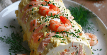 Bûche salée de la mer au saumon fumé et crevettes, servie bien fraîche avec ciboulette, citron et décoration festive.
