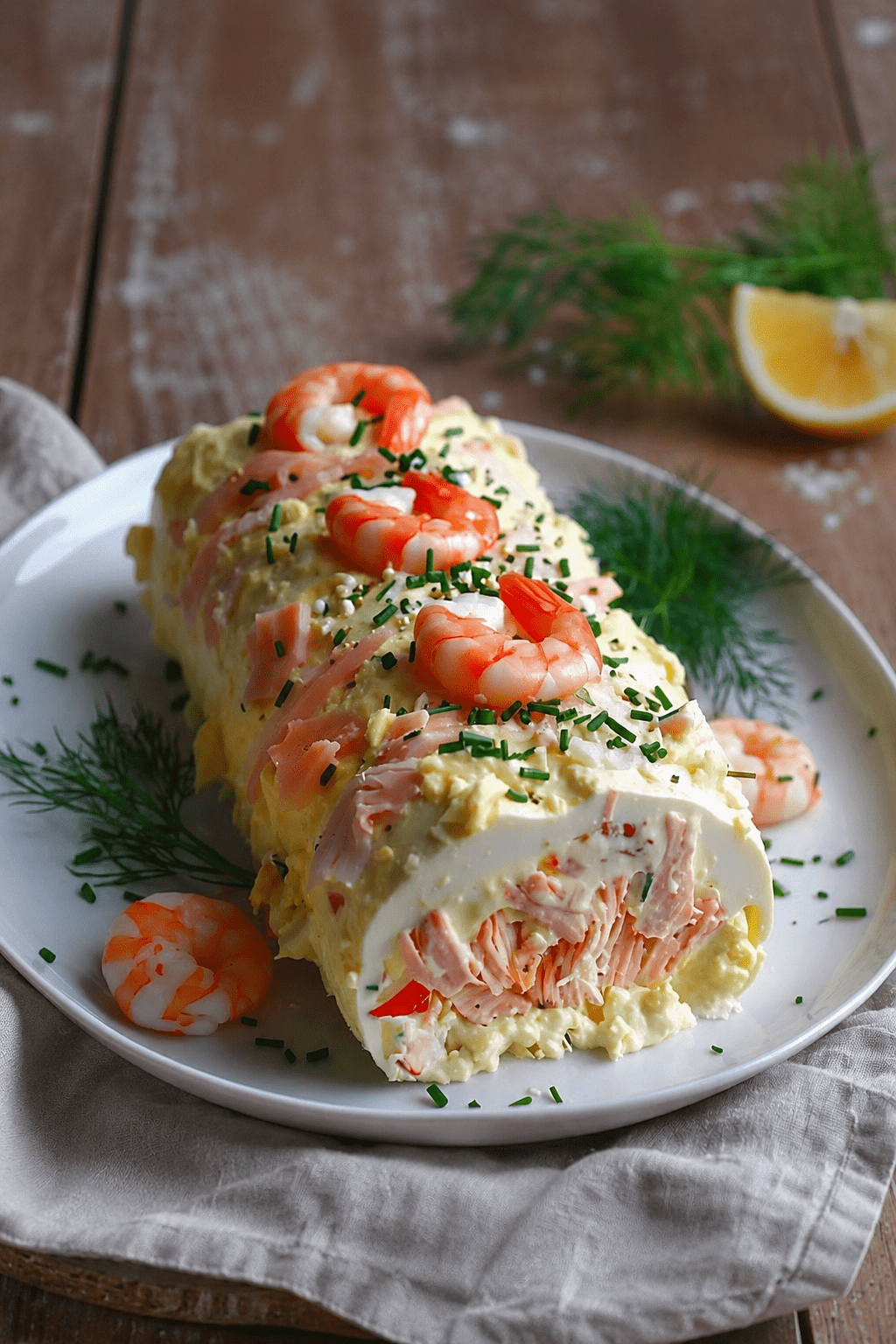 Bûche salée de la mer au saumon fumé et crevettes, servie bien fraîche avec ciboulette, citron et décoration festive.