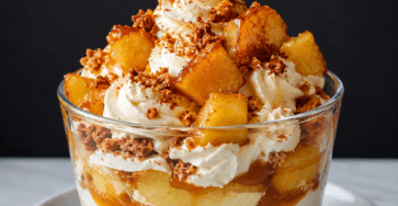 Verrines de tiramisu aux pommes poêlées, caramel beurre salé, crème mascarpone onctueuse et miettes de spéculoos.