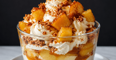 Verrines de tiramisu aux pommes poêlées, caramel beurre salé, crème mascarpone onctueuse et miettes de spéculoos.