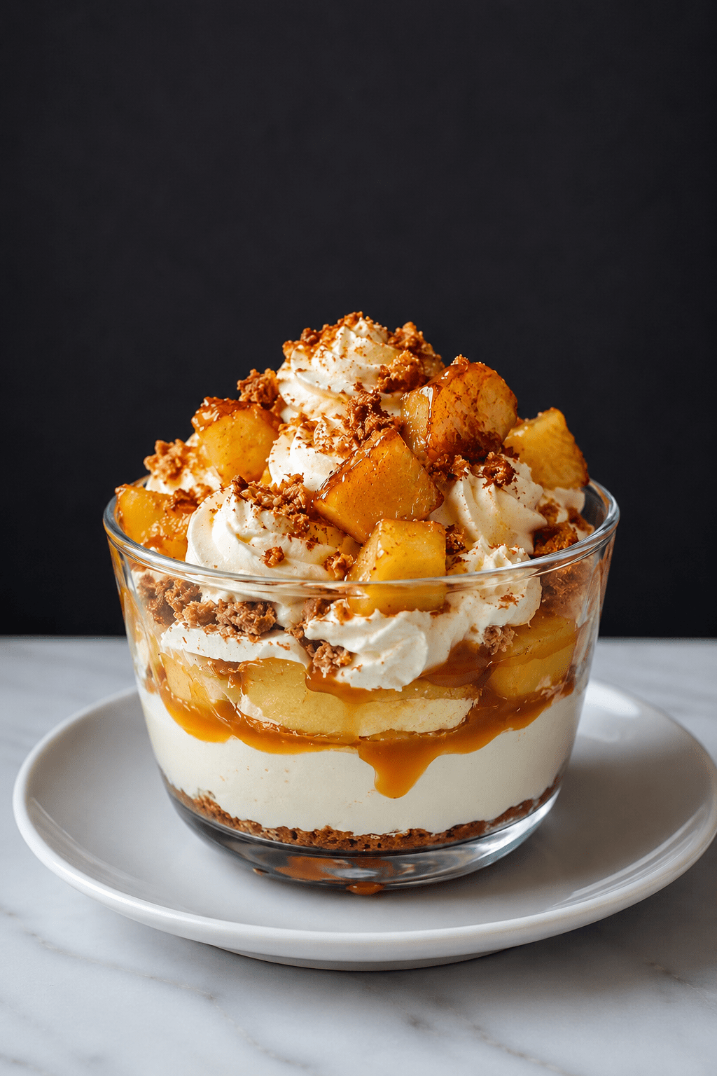 Verrines de tiramisu aux pommes poêlées, caramel beurre salé, crème mascarpone onctueuse et miettes de spéculoos.