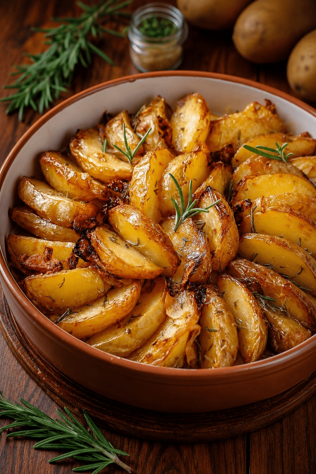 Pommes de terre rôties au romarin dorées au four, croustillantes à l’extérieur, fondantes à l’intérieur, avec ail, huile d’olive et herbes.