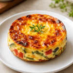 Flan provençal doré aux courgettes, poivron rouge, tomate, fromage râpé et herbes de Provence, servi tiède avec une salade verte.