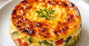 Flan provençal doré aux courgettes, poivron rouge, tomate, fromage râpé et herbes de Provence, servi tiède avec une salade verte.