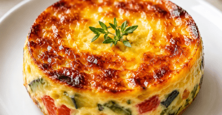 Flan provençal doré aux courgettes, poivron rouge, tomate, fromage râpé et herbes de Provence, servi tiède avec une salade verte.